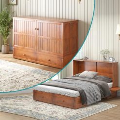 Alternative view of BALUS Murphy Bed Cabinet,Queen Murphy Bed with Tri-fold Mattress & USB Charging Station,Modern Wall Chest Beds with Folding Night Stand Trays and Storage Drawers for Bedroom Living Room,Grey-Blue