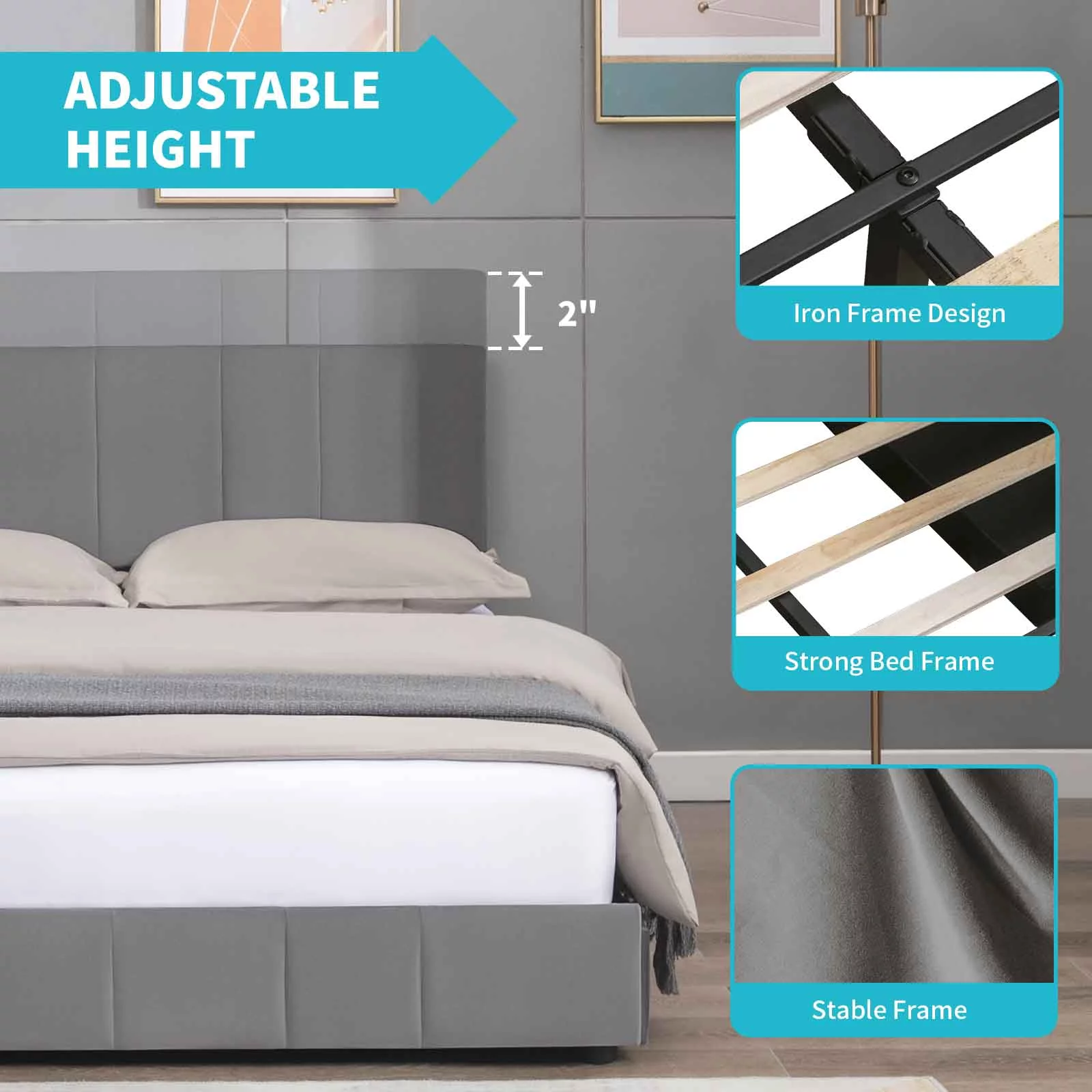 CECER King Size Bed Frame with 4 Storage Drawers, Platform Bed Frame Velvet Upholstered Adjustable Headboard, Solid Metal & Wood Frame Easy Assembly Dark Grey - Image 5