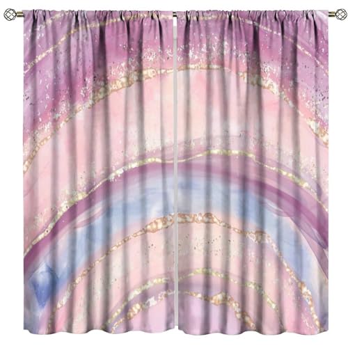 Abstract Marble Curtains,Modern Art Golden Blue Marble Blue Sea Vintage Window Treatment Curtains for Living Room,Marble Kitchen Curtains 27.5x63in,2 Panel Set