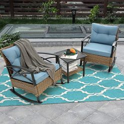 Alternative view of Outdoor Wicker Rocking Chairs Patio – 3 Pieces Patio Furniture Rattan Rocker Chairs Wicker Rocking Bistro Set with Cushions and Side Table for Garden Patio Yard Porch Lawn Balcony (Blue)