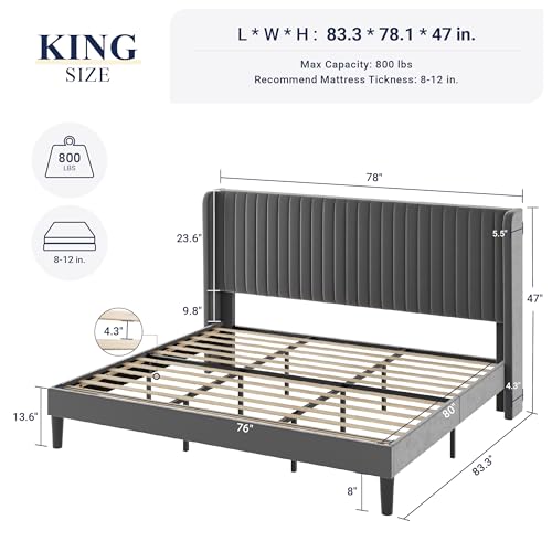Allewie Queen Size Velvet Bed Frame/Vertical Channel Tufted Wingback Headboard/Upholstered Platform Bed/Strong Wooden Slats/No Box Spring Needed/Easy Assembly/Black - Image 69