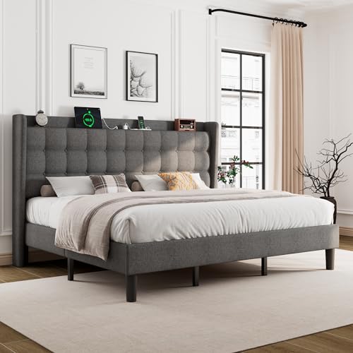 Queen Bed Frame, Upholstered Platform Bed with Charging Station, Modern Wingback Storage Headboard, Solid Wood Slats Support, No Box Spring Needed, Dark Gray - Image 14