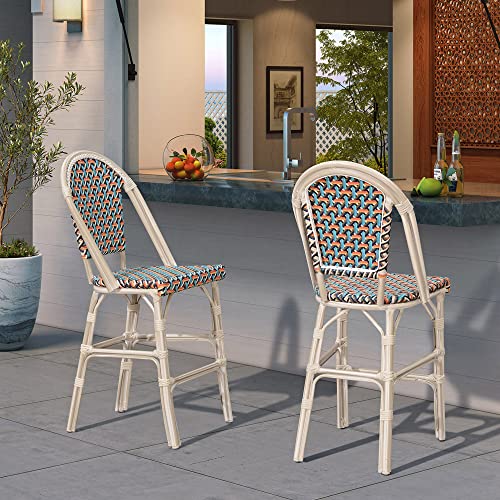 PURPLE LEAF French Counter Height Bar Stool Set of 2 25 White Print Finish Patio Bar Chairs with Back Rattan Bar Chairs French Bistro Set for Kitchen Outdoor Counter Stool Colorful - Image 2