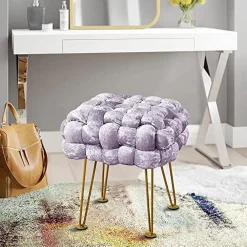 Alternative view of Retro Green Soft Upholstered Ottoman Entryway Bench Seat 16x16x16 Sturdy Accent Coffee Table for Living Room Make Up Vanity Fluffy Shoe Stool with Golden Legs for Bedroom C