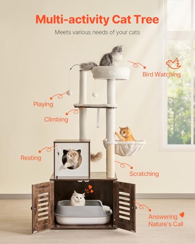 VEVOR Large Cat Tree with Litter Box Enclosure, 55.12 inches Tall, 2-in-1 Cat Tower, Multi-Level Cat Condo Furniture with Perches, Sisal Scratching Posts, Hammock, Big Kittens House for Indoor Cats - Image 2